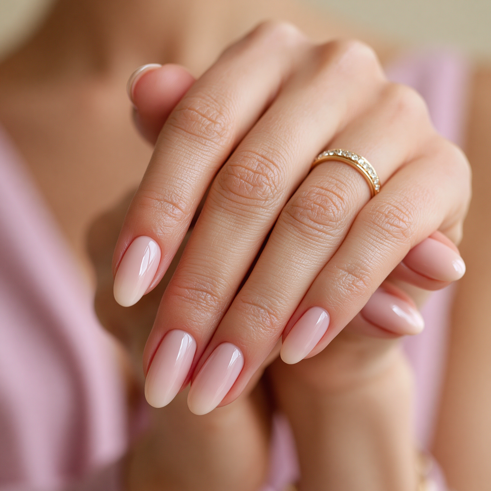 Manicure nude glossy con anillo de brillantes